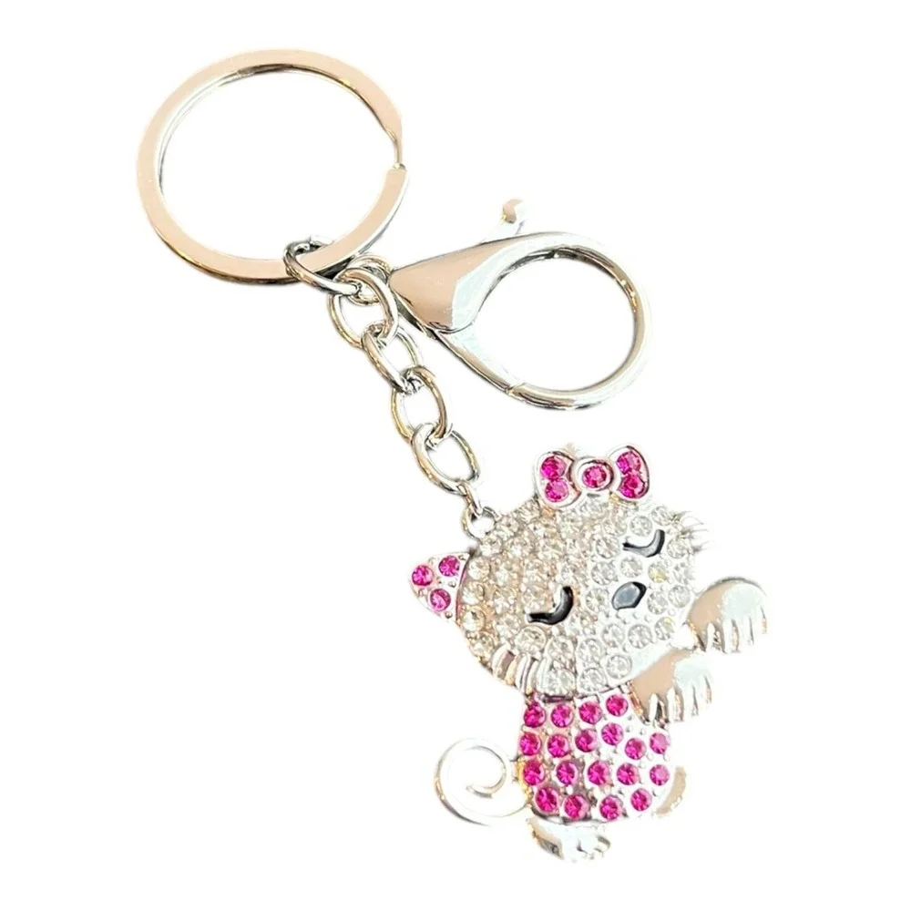 Women's Pink Silver Rhinestone Crystal Cat Key Chain Bling Charm Key Finder 4
